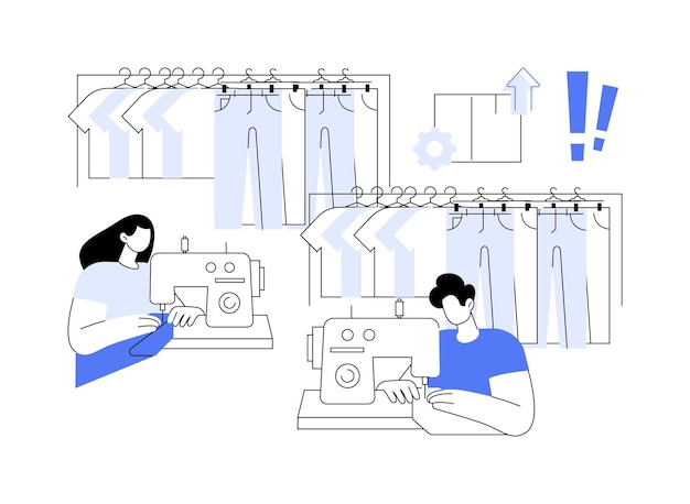 Overproduction abstract concept vector illustration Factory workers sewing a lot of clothes ecological problems resources overconsumption goods overproduction issue abstract metaphor