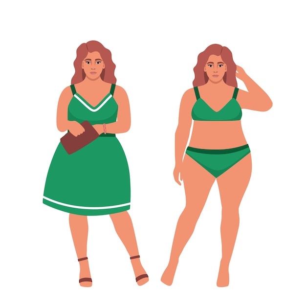 Vector oversize obesitas vrij grote dame in mooie modieuze kleding en ondergoed lichaam positief