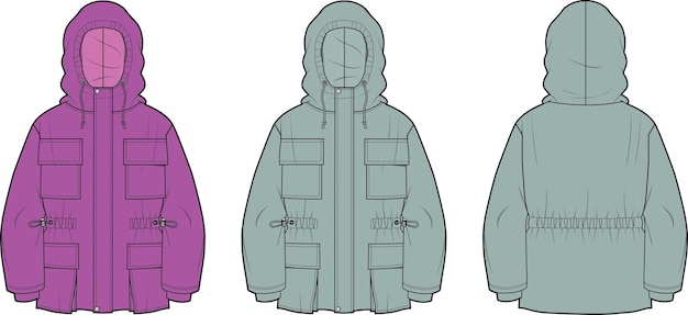 Vector oversized anorak front and back flat sketch technical drawing vector illustration template