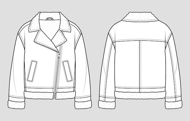 Vector oversized biker leather fur jacket fashion sketch flat technical drawing vector illustration