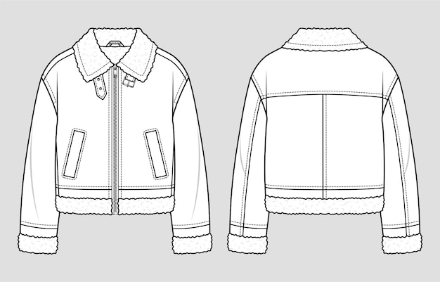 Oversized leather fur jacket Unisex style Flat technical drawing Fashion vector sketch