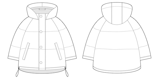 Vector oversized raglan puffer winter down coat technical sketch women's quilting jacket design template children's outerwear mock up