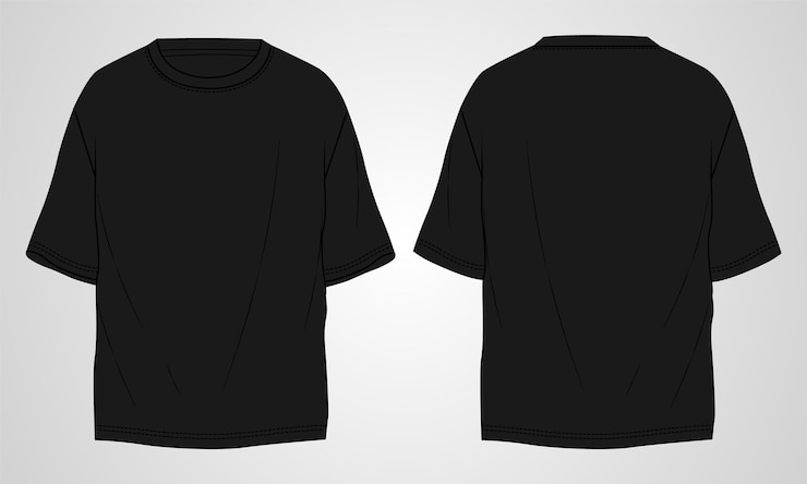 Vector oversized short sleeve t shirt technical fashion flat sketch vector black color template for men's