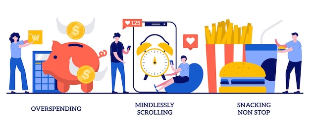 벡터 작은 사람들과 함께 정신없이 스크롤하는 간식 논스톱 개념을 과도하게 지출