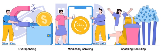 人々のキャラクターとの無意識にスクロールするスナックのノンストップの概念を浪費する悪い経費管理抽象的なベクトルイラストパックソーシャルメディア中毒不健康な栄養の比喩
