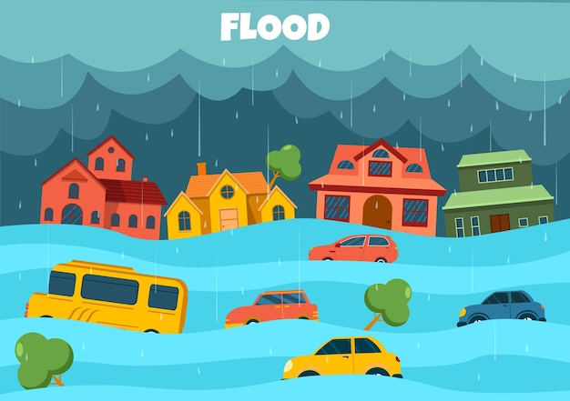 Vector overstromingen illustratie van de storm die grote schade aanrichtte en de stad onder water zette met zinkende huizen en auto's