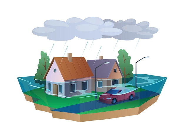 Overstroomde huizen met stijgend water bij regen 2D cartoon objecten