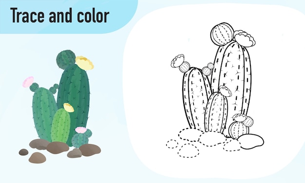 Overtrekken en kleuren werkblad, oefenen voor kleuters Cactus