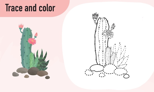 Overtrekken en kleuren werkblad, oefenen voor kleuters Cactus