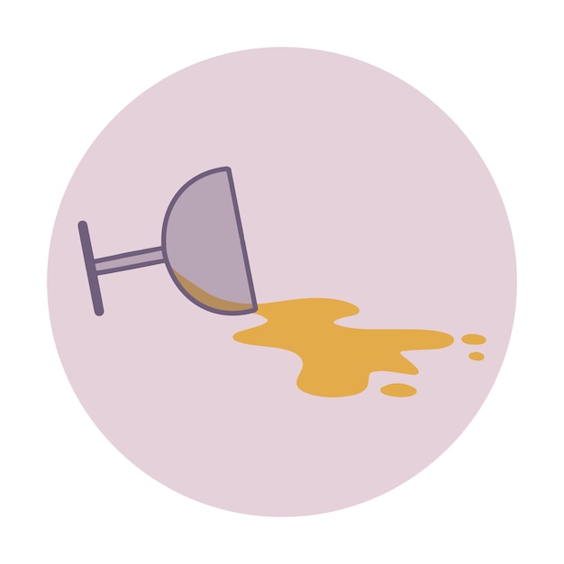 Overturned transparent glass with a spilled drink Spilled wine Cartoon flat illustration