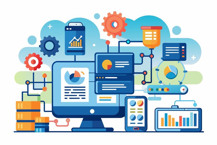 Vector an overview of automated data processing systems showcasing statistics and analytics tools in use automated processing of information with statistical reports from database analysis