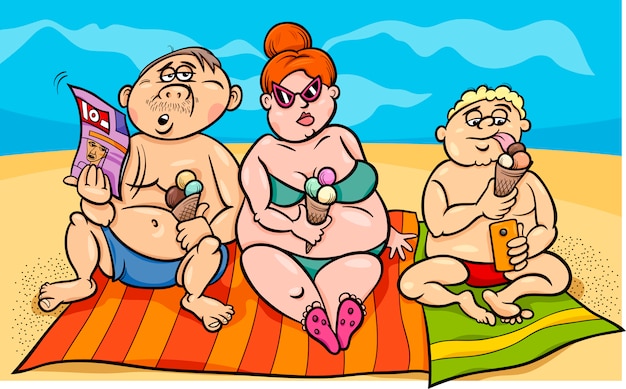 Famiglia sovrappeso in spiaggia