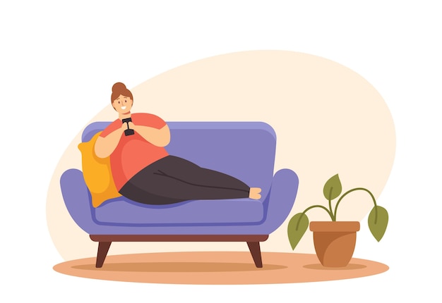 Vector overweight female character lying on sofa with smartphone chatting in social media network or playing games. sedentary lifestyle, gadget addiction, obesity concept. cartoon people vector illustration