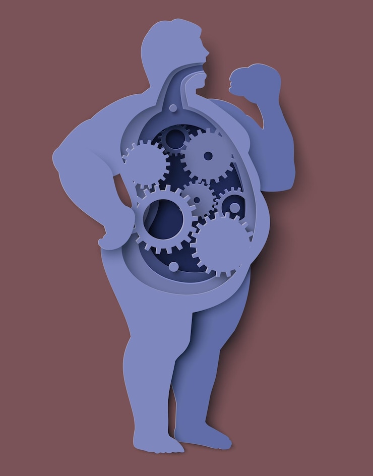 Vector overweight man eating and digestive process work papercut vector illustration