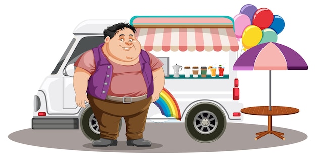 アイスクリームのフードトラックの前に立つ太りすぎの男性