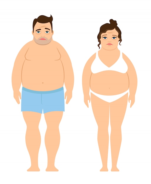 Icone di uomo e donna in sovrappeso su sfondo bianco