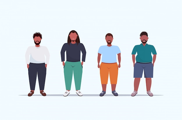 Overweight men group standing together unhealthy lifestyle concept   guys in casual clothes over size male cartoon characters full length flat horizontal