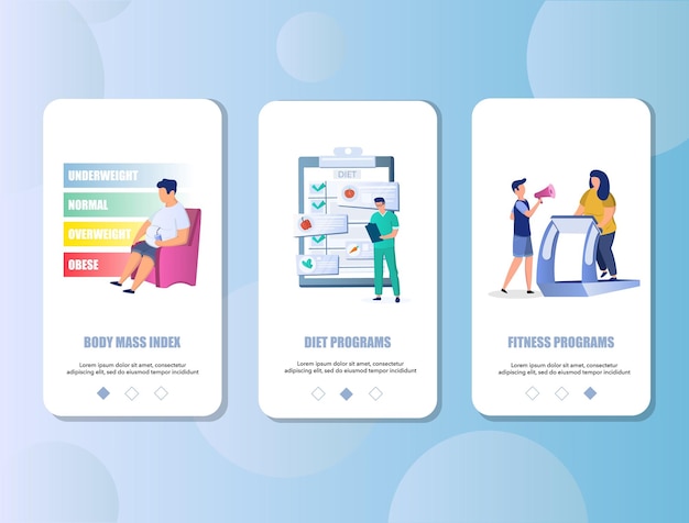 Overweight mobile app onboarding screens vector template