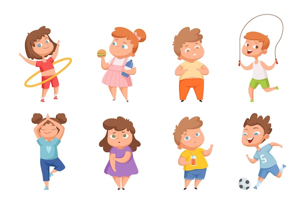 Bambini sovrappeso vs sportivi. bambini grassi confusi, ragazzi magri e felici. caratteri vettoriali di stile di vita sano e malsano. illustrazione di carattere sportivo in sovrappeso e fitness