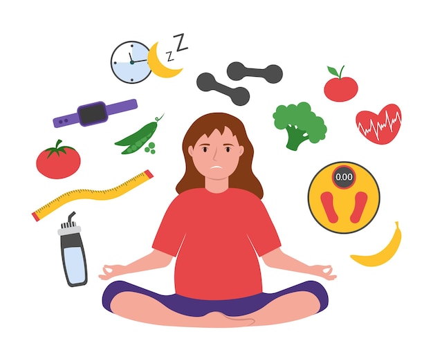 Overweight woman in the lotus position surrounded by sports equipment vegetables