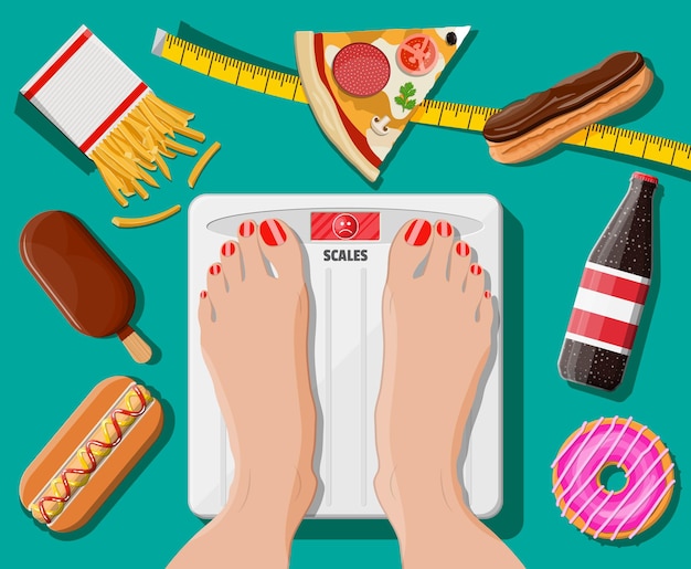 Vector overweight woman standing on bathroom scale, fast food on floor