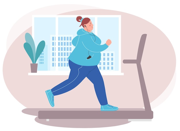 ベクトル トレッドミルで走っている太りすぎの若い女性。減量有酸素トレーニング。減量ホームスポーツのコンセプト。