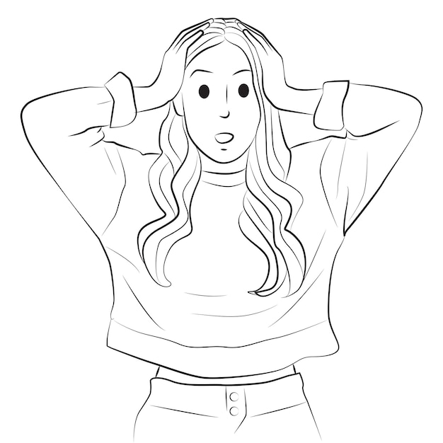 Vector overweldigd geschokt meisje grijp hoofd pose karakter cartoon illustratie