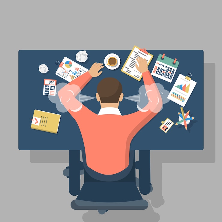 Vector overwhelmed worker on desk