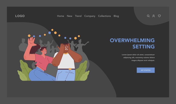 Vector overwhelming setting concept man irritated by loud noises and crowd woman having fun on party