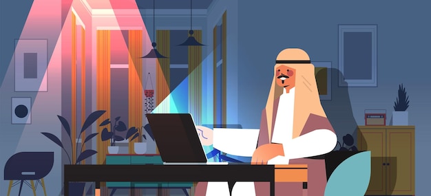 Vector overworked arab businessman freelancer looking at laptop screen arabic man sitting at workplace in dark night home room horizontal portrait vector illustration