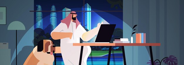 overworked arab businessman freelancer looking at laptop screen man sitting at workplace in dark night home room horizontal portrait vector illustration