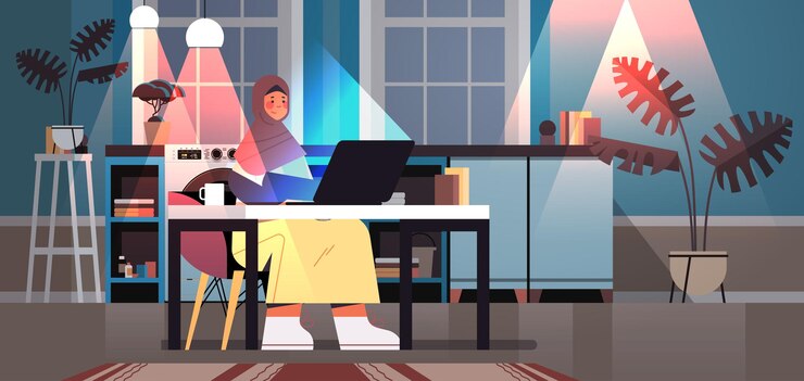 Vector overworked arab businesswoman freelancer looking at laptop screen woman sitting at workplace in dark night home room horizontal full length vector illustration