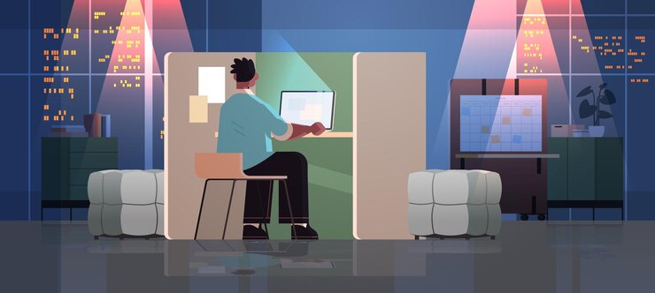 Vector overworked businessman freelancer looking at laptop screen man sitting at workplace in dark night office room horizontal full length 