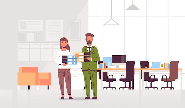 Vector overworked businesspeople man woman holding folder stack couple overloaded coworkers standing together paperwork hard working modern office interior