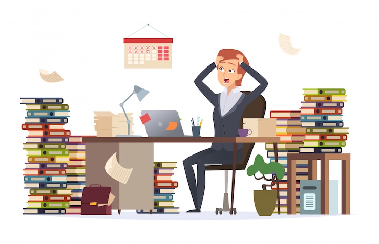 Vector overworked businesswoman. asleep depressed tired hard work female manager sitting office desk in big pile of documents  character