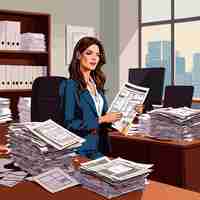 Vector overworked businesswoman in office buried in paperwork vector illustration