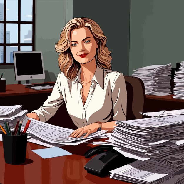 Vector overworked businesswoman in office buried in paperwork vector illustration