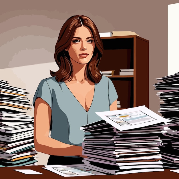 Vector overworked businesswoman in office buried in paperwork vector illustration