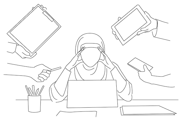 Overworked Muslim Businesswoman Tired Of Multiple Tasks At Work Outline drawing style art