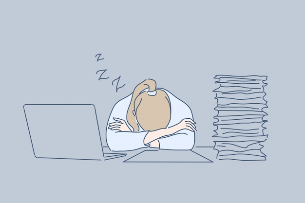 Superlavoro, sonno, ufficio, affaticamento, stress, concetto di affari