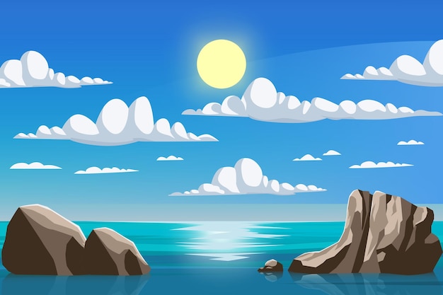 Overzees oceaanlandschap bij daglicht met zon en wolken vectorillustratie als achtergrond