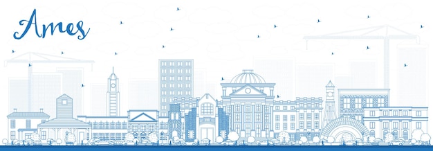 Vector overzicht ames iowa skyline met blauwe gebouwen. vectorillustratie. zakelijke reizen en toerisme illustratie met historische architectuur.