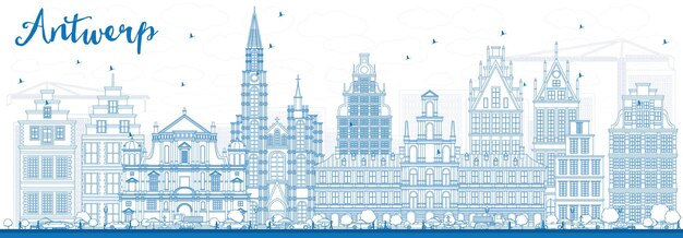 Vector overzicht antwerpen skyline met blauwe gebouwen. vectorillustratie. zakelijk reizen en toerisme concept met historische architectuur. afbeelding voor presentatiebanner plakkaat en website.