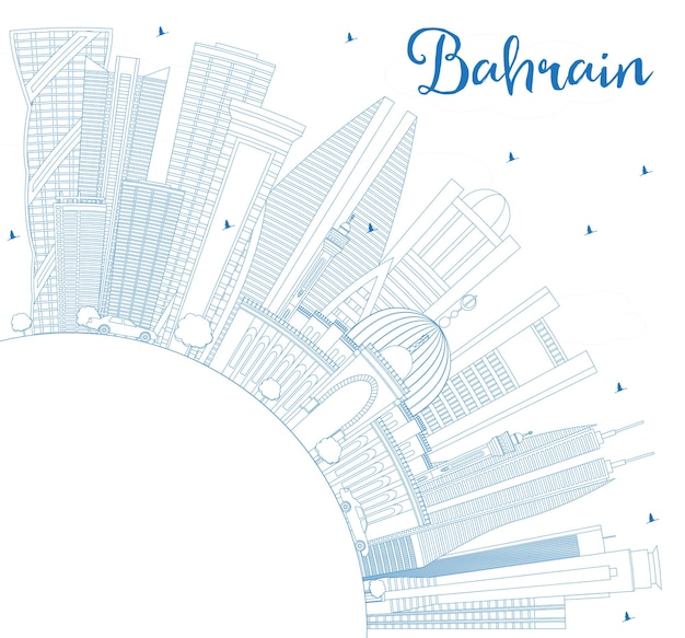 Overzicht bahrein city skyline met blauwe gebouwen en kopie ruimte. vectorillustratie. zakelijk reizen en toerisme concept met moderne architectuur. bahrein stadsgezicht met monumenten.