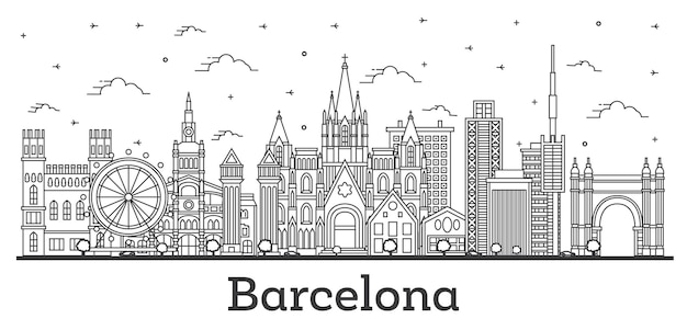 Overzicht Barcelona Spanje City Skyline met historische gebouwen en reflecties geïsoleerd op wit