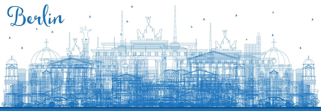 Vector overzicht berlijn duitsland skyline met blauwe gebouwen. vectorillustratie. zakelijk reizen en toerisme concept met historische architectuur. berlijn stadsgezicht met monumenten.