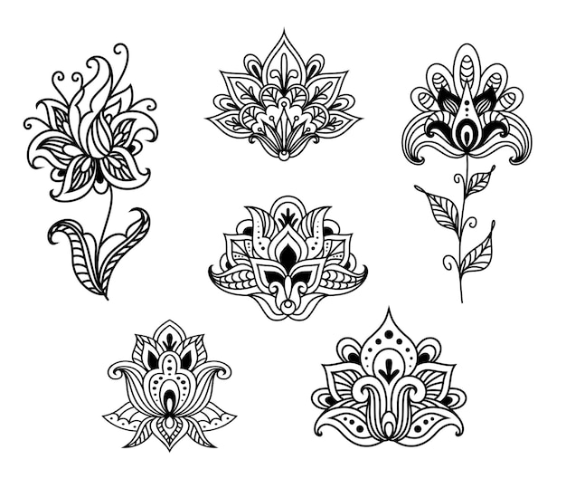 Overzicht bloemen paisley ontwerpelementen ingesteld voor ornament of stof ontwerp in vintage perzische stijl