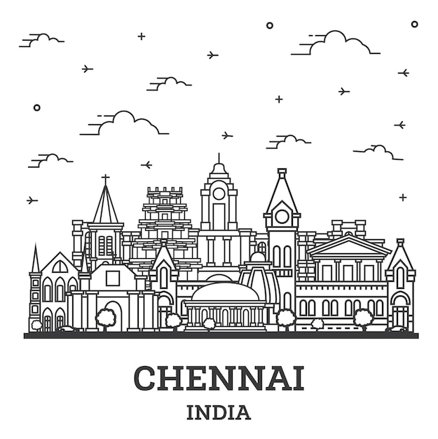 Overzicht Chennai India City Skyline met historische gebouwen geïsoleerd op wit