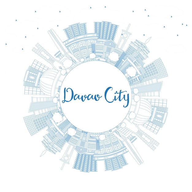 Overzicht Davao City Filippijnen Skyline met blauwe gebouwen en kopie ruimte. Vectorillustratie. Zakelijke reizen en toerisme illustratie met moderne architectuur.
