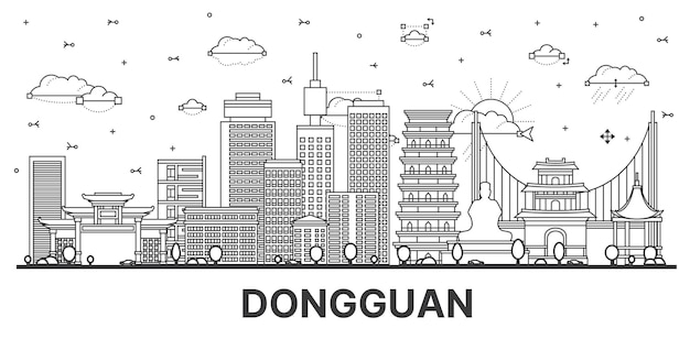 Overzicht dongguan china city skyline met historische en moderne gebouwen geïsoleerd op witte vectorillustratie